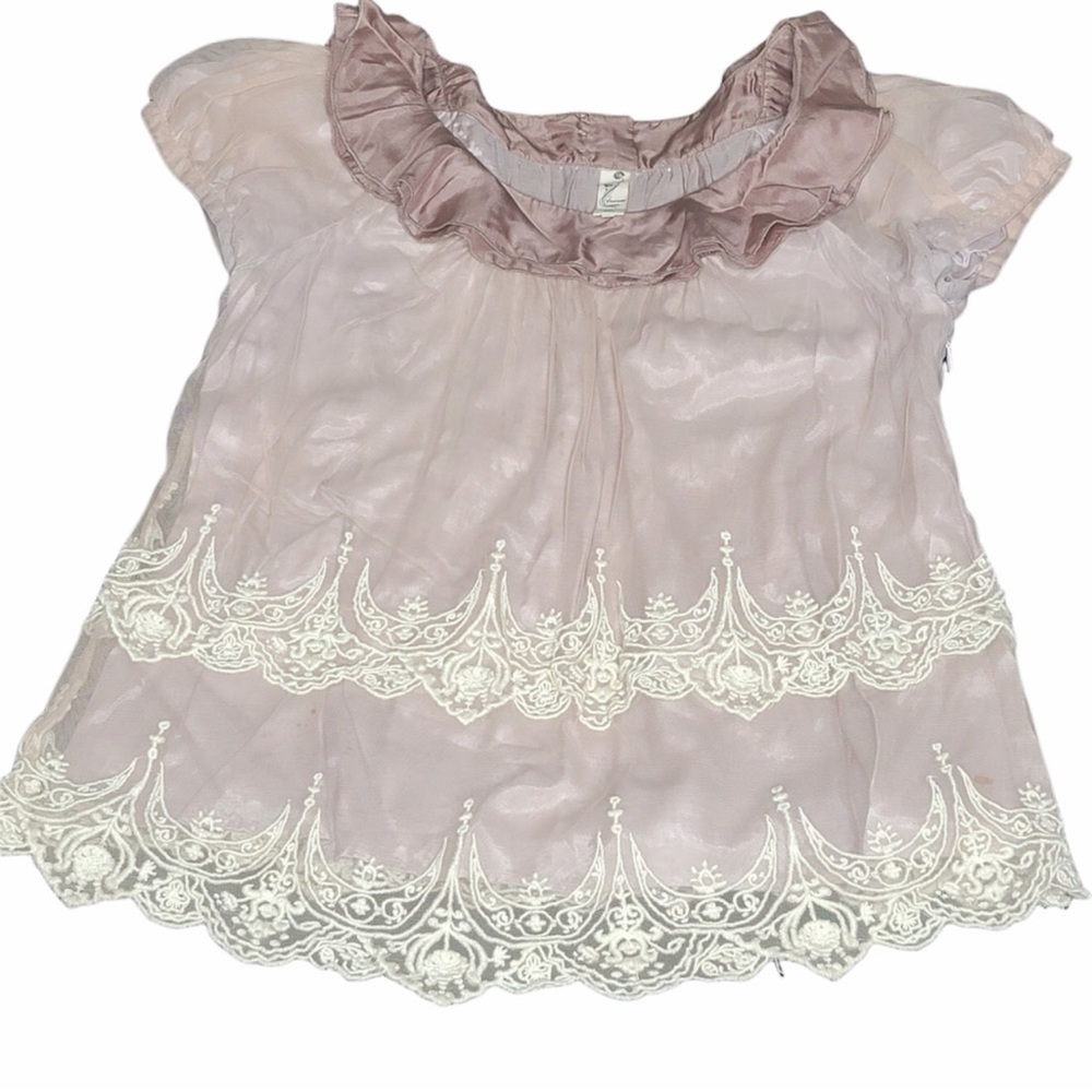 Anthropologie Floreat Short Sleeve Embroidered Ruffle Blouse Size 12 Mauve